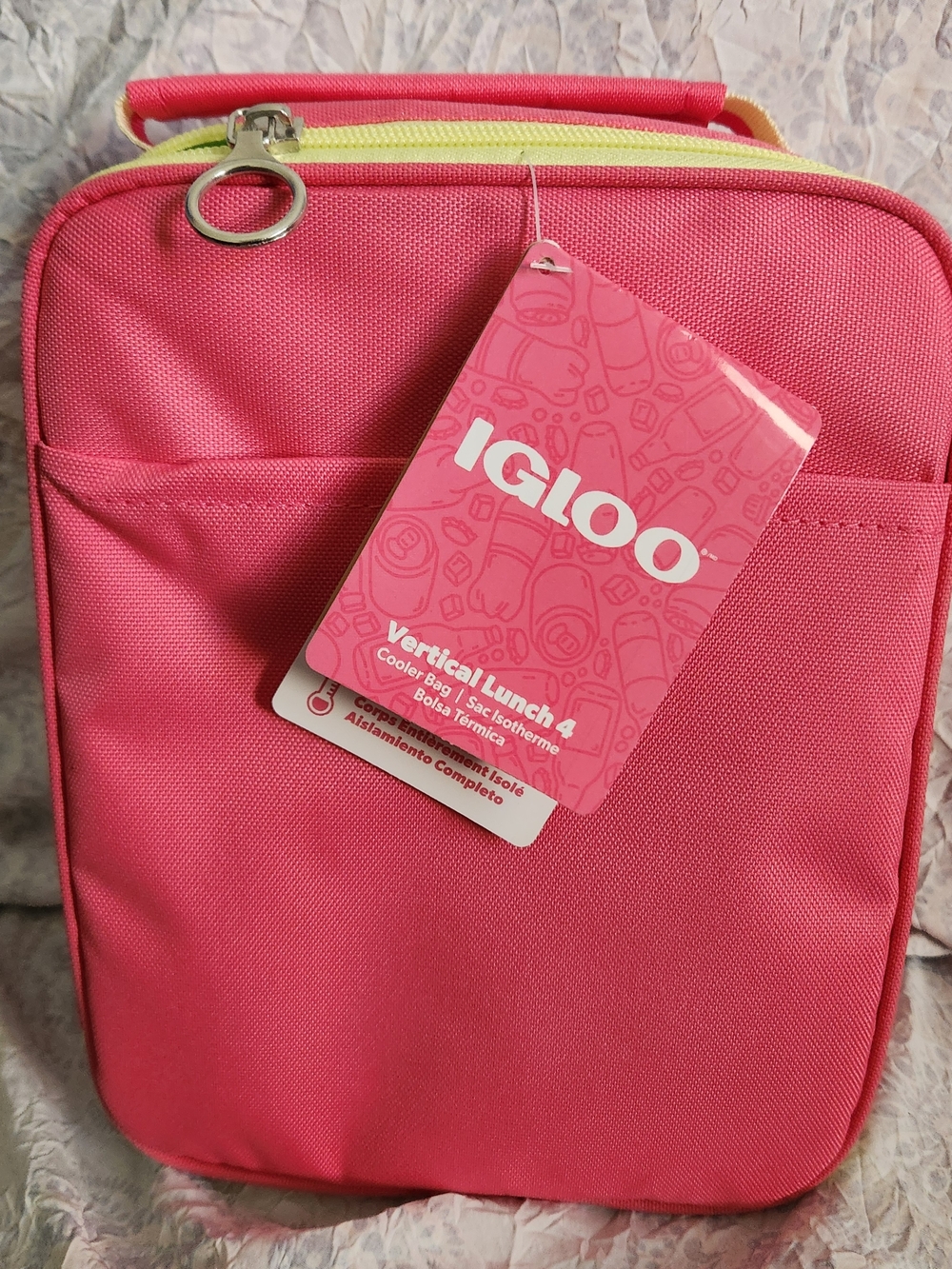 Igloo Hot Pink Vertical Lunch Cooler with Yellow Zipper